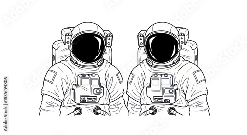 Two Astronauts in Space Suits, Black and White Illustration