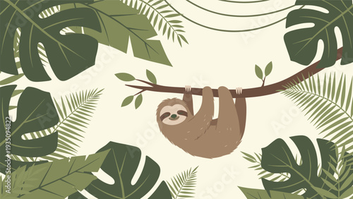 Cute brown sloth hanging lazily from a tree branch surrounded by lush green tropical leaves and dense jungle foliage.
