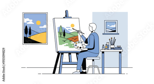 An artist is depicted painting a landscape scene with artwork adorning the walls in a flat minimalist silhouette high quality professional