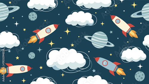 Seamless space pattern featuring cartoon rockets, ringed planets, fluffy white clouds, and stars on a dark background.