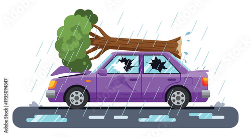 A purple car is severely damaged by a falling tree during a heavy rainstorm creating a striking silhouette high quality professional