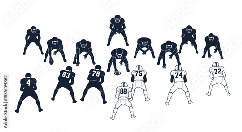 American Football Players Formation, Offense vs Defense Silhouette