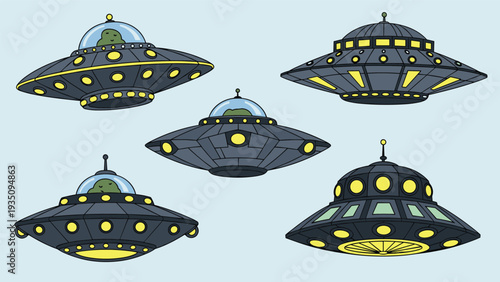 Collection of five distinct unidentified flying object designs featuring glowing yellow lights and glass cockpit domes.