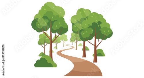 A winding path leads through a dense lush green forest with trees depicted in a dark silhouette high quality professional detailed