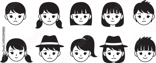 Black and white cartoon faces with various hairstyles and expressions smiling