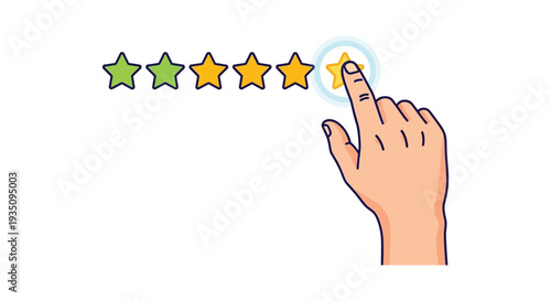 A hand points to a glowing star in a row of five representing a five star rating system silhouette high quality professional