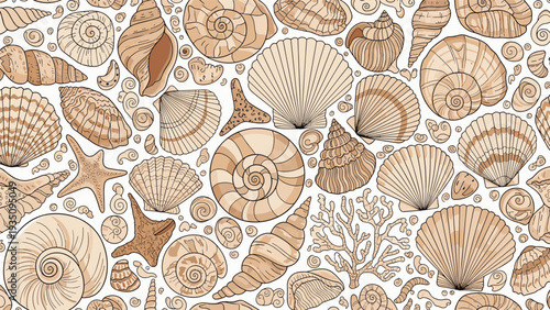 Densely packed collection of various different seashells, starfish, and coral pieces in warm neutral beige tones.