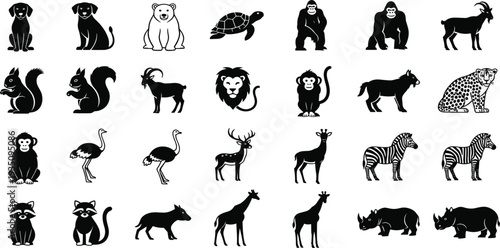 Wild Animal Silhouette Set with Lion, Zebra, Monkey, Giraffe, Dog and Exotic Wildlife Icons for Safari Design, Nature Graphics, and Vector Collection