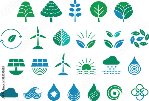 Iconic representations of renewable energy and environmental conservation symbols