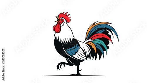 Proud rooster with white, black, and blue feathers and a bright red comb crowing while standing on one leg alone.