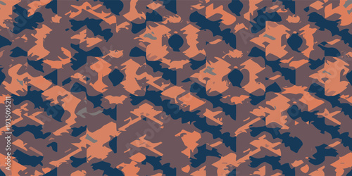 Seamless camouflage pattern with a combination of orange, black and brown.
