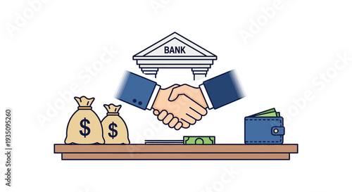 A stylized illustration depicts a financial agreement with a handshake money bags and a wallet silhouette high quality professional detailed