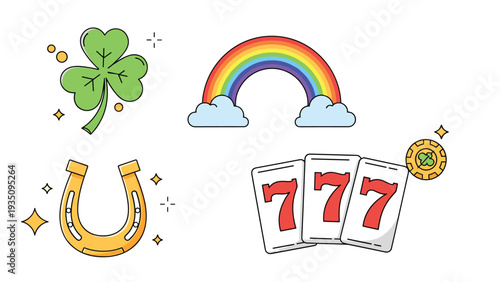 Collection of various luck-themed symbols including a four-leaf clover, rainbow, horseshoe, and slot machine sevens.