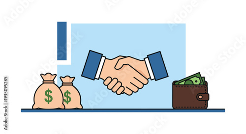 A stylized illustration depicts a handshake near money symbolizing a deal or agreement in a flat silhouette high quality professional detailed