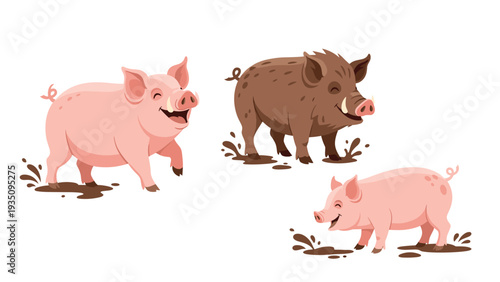Group of three happy pigs, including a brown wild boar and two pink domestic pigs, playing and splashing in mud.