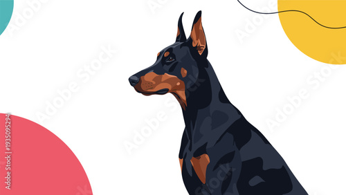 Profile view of a black and tan Doberman Pinscher dog set against a decorative and colorful geometric background.