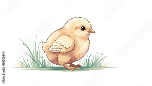 Adorable fluffy yellow chick standing in a patch of green grass with sparkling dew drops on a clean white background.