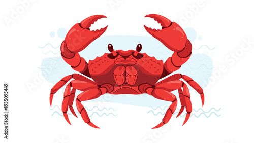 Detailed illustration of a large red crab with its claws raised, shown against a stylized ocean water background.
