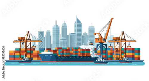 A vibrant cityscape and busy harbor scene featuring shipping containers and cranes presented as a distinct silhouette high quality professional detailed