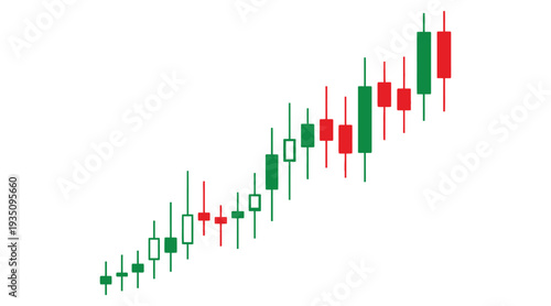 Ascending stock market chart with green and red candlesticks on white background