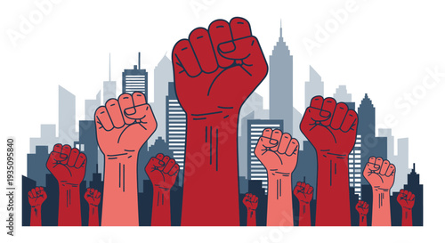 A vibrant illustration depicting raised fists against a city skyline symbolizing power and protest in a striking silhouette high quality professional