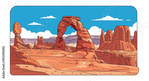 A vibrant illustration depicts arches national park s iconic landscape under a blue sky showcasing a unique silhouette high quality professional detailed