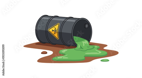A cartoon illustration depicts a leaking oil drum with a biohazard symbol creating a hazardous waste spill silhouette high quality professional