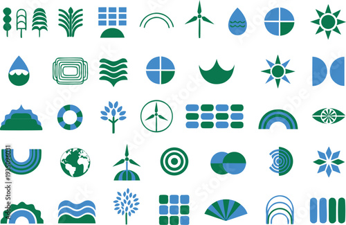 A collection of icons representing environmental sustainability and natural elements
