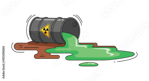 A leaking barrel with a radioactive symbol spills bright green liquid creating a hazardous waste scene silhouette high quality professional