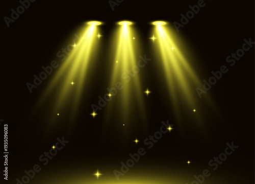 Three bright yellow spotlights shining down on a dark background with stars