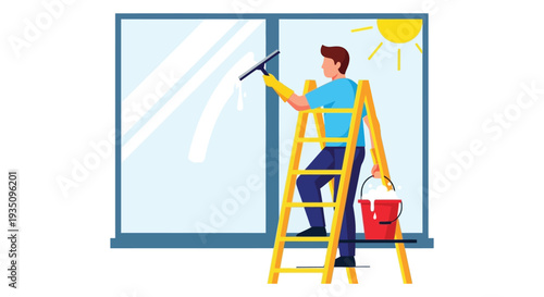 A man cleans a large window with a squeegee while standing on a ladder bathed in sunlight silhouette high quality