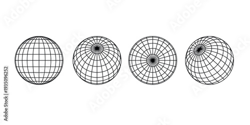 Set of black wireframe Globe spheres in multiple views and rotations isolated on white background. Minimal 3D grid mesh geometry collection for technology, geodesy, UI, infographics and design element