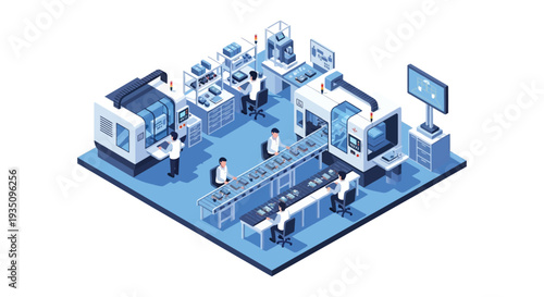 Isometric illustration of a modern factory interior with workers and machinery showcasing automated production processes silhouette high quality professional detailed