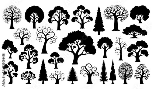 A collection of various tree silhouettes in a minimalist vector graphic design