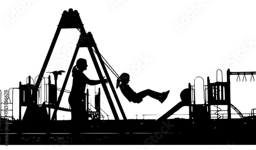 A silhouette illustration of a woman pushing a child on a swing set at a playground