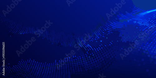 Abstract blue background featuring dynamic particle flows and digital elements