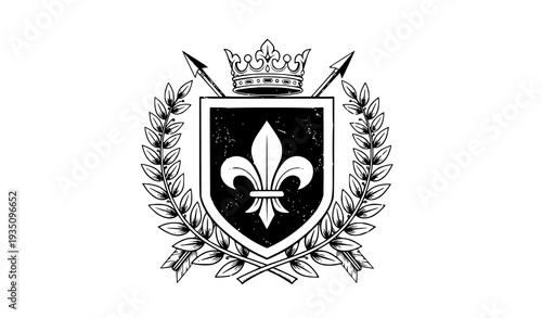 A black and white vector graphic of a fleur-de-lis crest with crown and laurel wreath