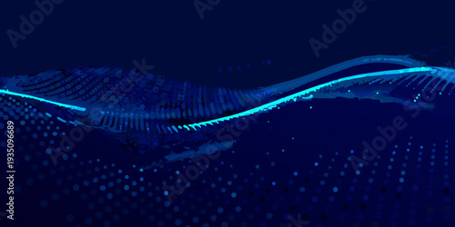 Abstract blue wave illustration with dotted halftone pattern background