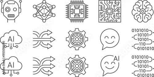 Collection of artificial intelligence and machine learning line icons on a white background