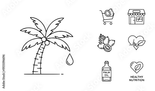 A set of vector icons illustrating healthy nutrition with palm oil