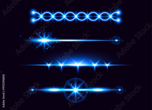 A set of blue light effects on a dark background