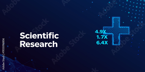 Scientific research graphic with a blue plus sign and data points