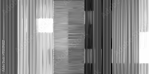 Abstract composition of vertical black and white lines with geometric shapes