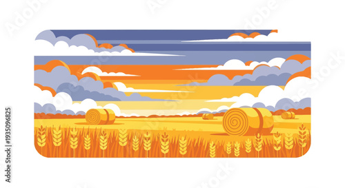 A vibrant landscape depicts golden hay bales in a field under a colorful sky presented as a silhouette high quality professional