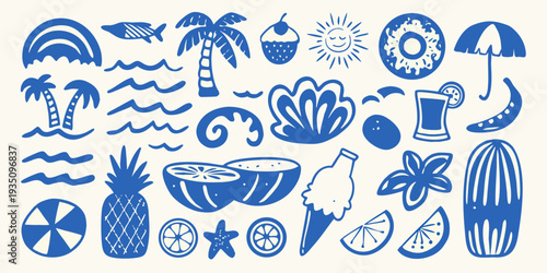 Blue summer themed doodles featuring tropical fruits waves and accessories