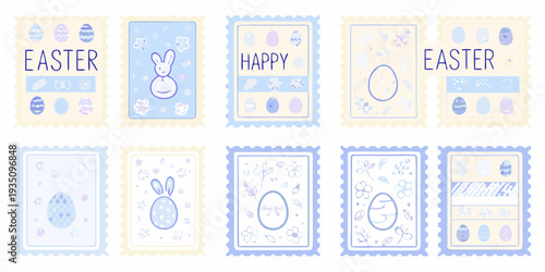 Collection of pastel colored easter stamps with various holiday icons