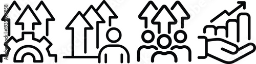 Set of business growth and performance line icons featuring rising arrows over gears group leadership and financial progress bar charts.