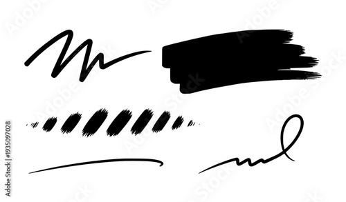 A set of black brush strokes and lines on a white background