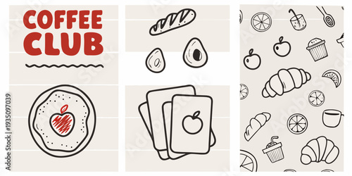 Coffee club graphic with baked goods and fruit illustrations