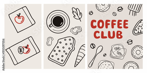 Coffee club themed doodles and illustrations on a light beige background